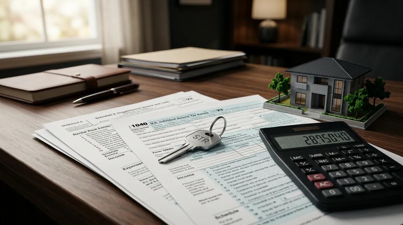 Tax documents and short-term rental property keys on a desk illustrating the STR tax loophole requirements for W-2 earners in 2026