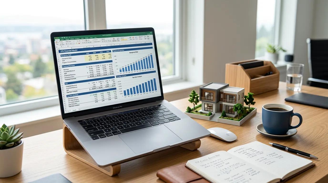 Investor analyzing short-term rental financial projections with underwriting spreadsheet and tax strategy documents