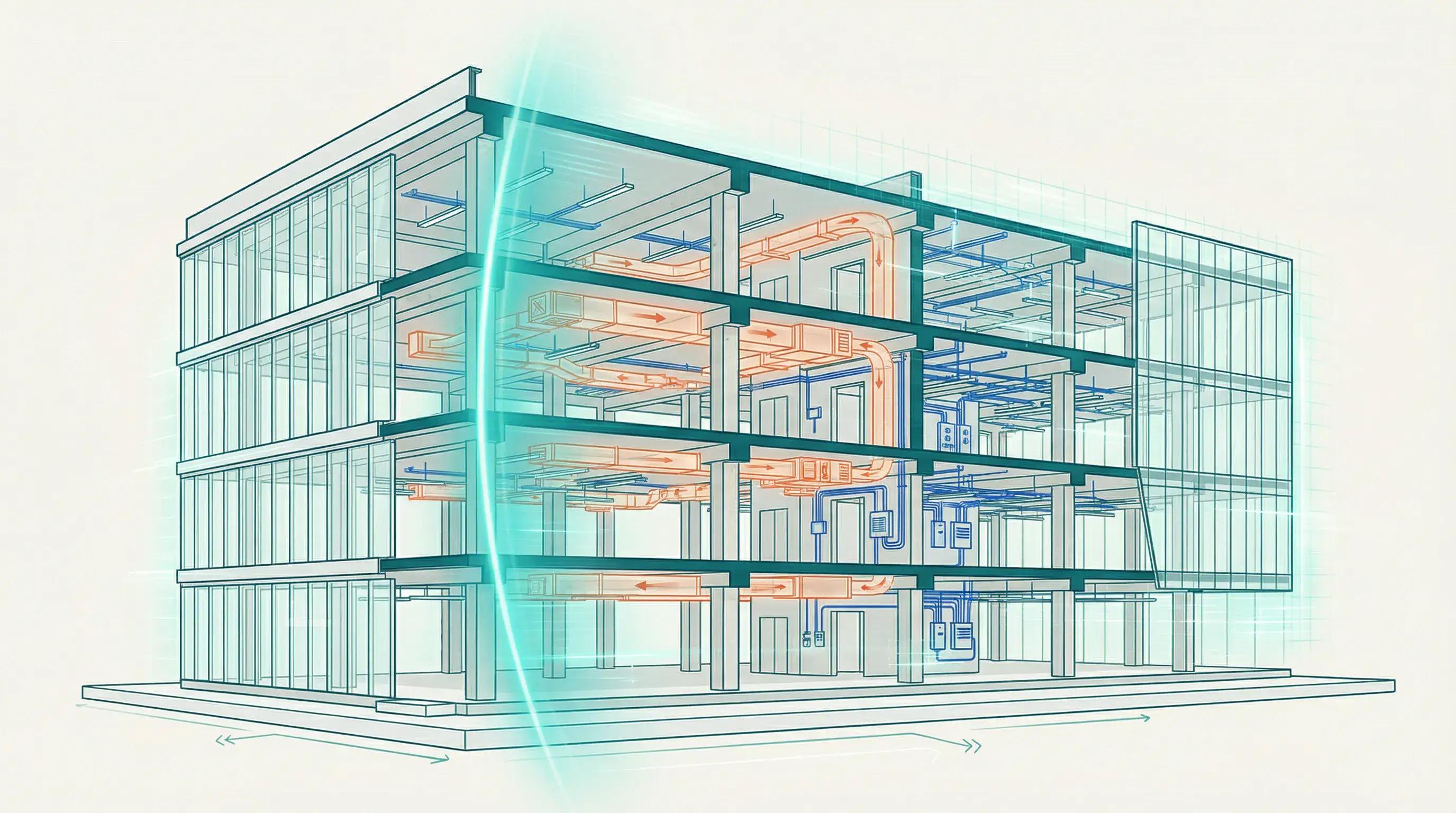 Streamlined architectural cross-section with technology scan overlay representing efficient cost segregation studies