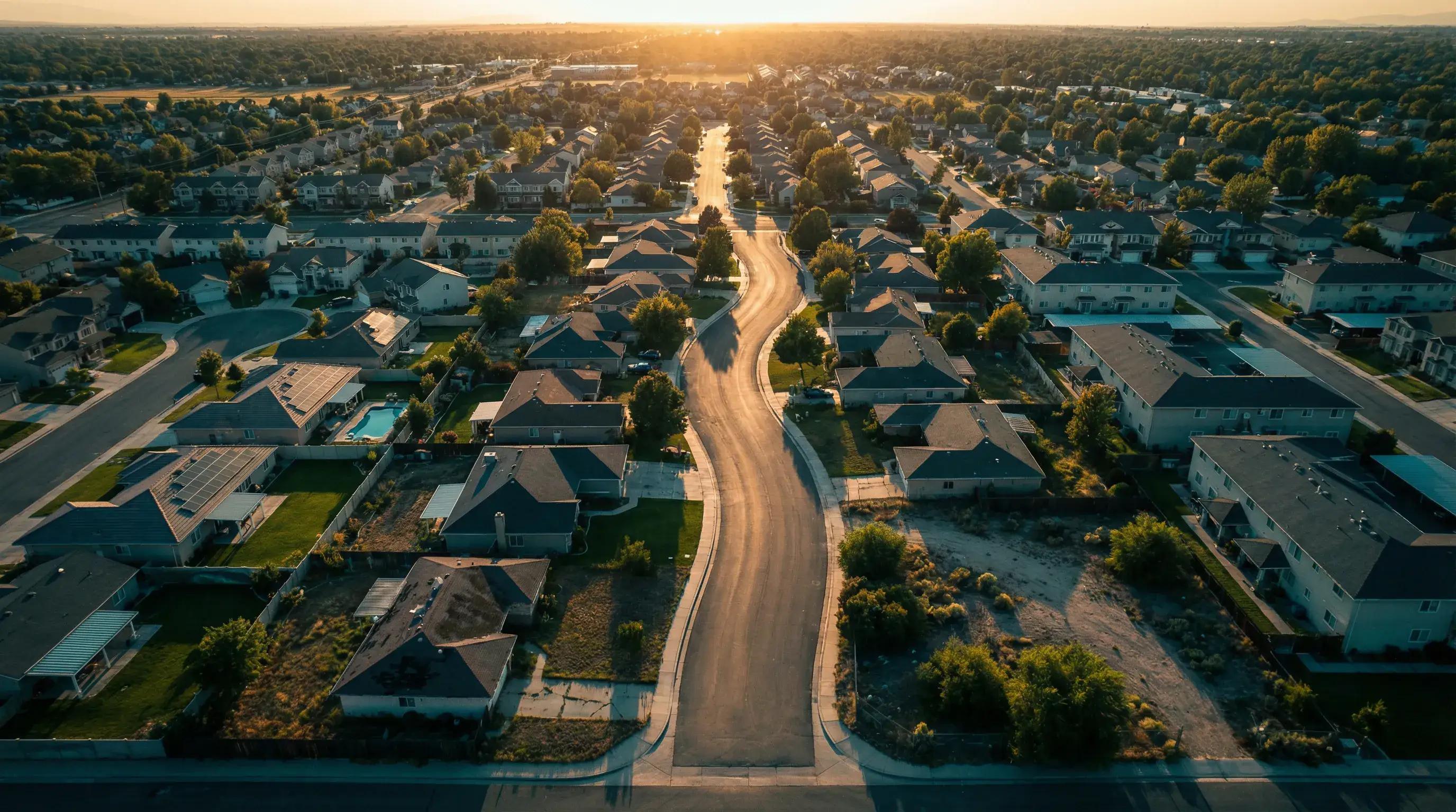 Aerial view of suburban rental neighborhood representing structural failure risk in real estate investing