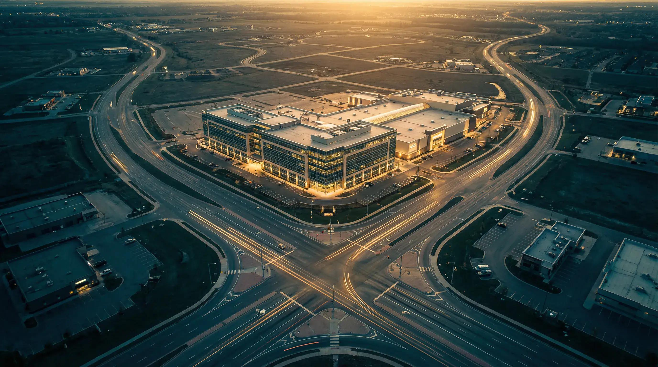 Aerial view of commercial property at crossroads representing real estate exit planning strategies